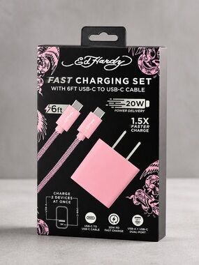 Ed Hardy Pink 20W Fast Charger Set 6ft USB-C Cable New
